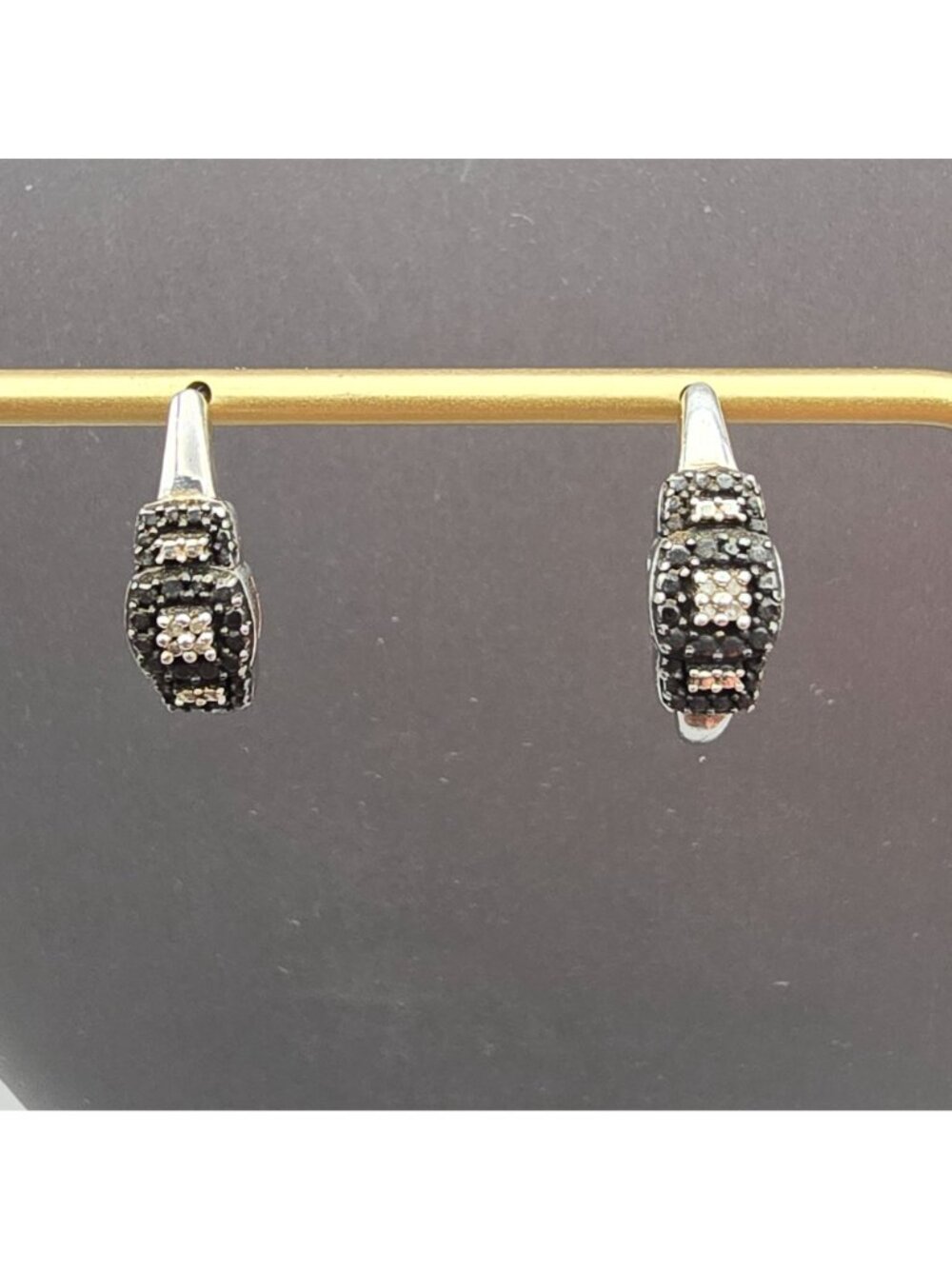 Modernist Sterling Silver Black Rhinestone Half Hoop Post Earrings Basket Settin - Picture 2 of 9
